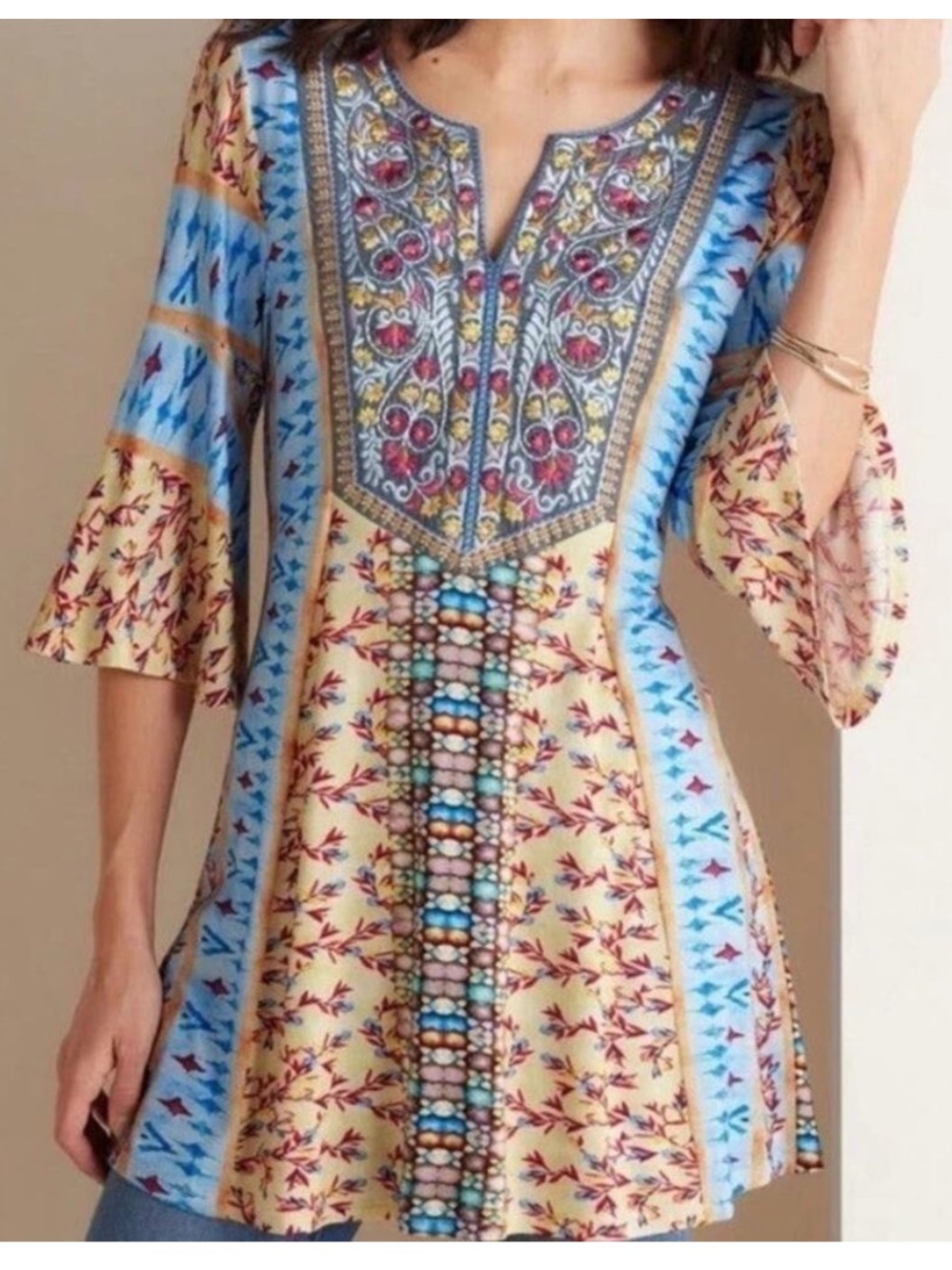 Soft Surroundings Fifi colorful print floral embroidered tunic womens L